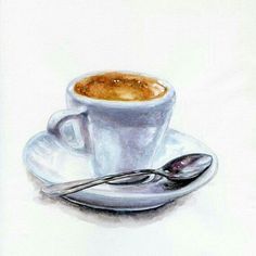 a painting of a coffee cup and spoon on a saucer with a white background