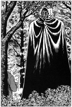 a black and white drawing of a man in a cloak standing next to a tree