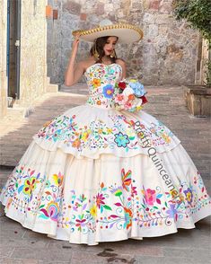 PrettyQuinceanera Princess Ivory Mexican Tiered Skirt Handcrafted Floral Embroidery Quinceanera Mexican Fashion Traditional, Embroidered Quinceanera Dress, Quinceanera Dresses Mexican, Embroidery Mexican, Mexican Quinceanera, Mexican Quinceanera Dresses, Charro Quinceanera Dresses, Mexican Wedding Dress, Sweet 15 Dresses