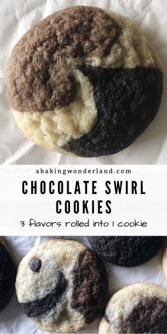 chocolate swirl cookies with the words, 3 flavors rolled into 1 cookie's on top