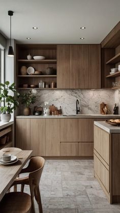 a kitchen with wooden cabinets and marble counter tops, along with a dining room table