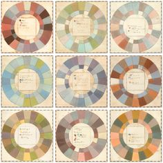 six different color wheel designs with some writing on them