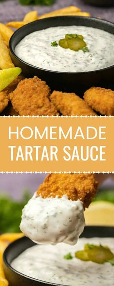 homemade tartar sauce being lifted from a black bowl with fried vegetables in the background