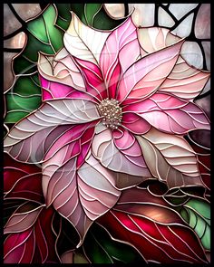 a stained glass window with pink and white flowers