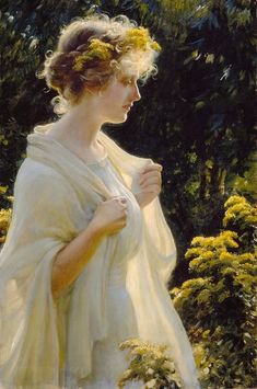 a painting of a woman in a white dress holding a yellow shawl over her shoulder