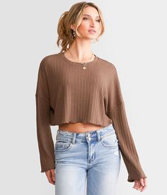 Hyfve Favorite Date Oversized Crop Top - Brown Large, Women's Mochabrown Ribbed knit top Lettuce trim Bust measures 52 on size small Body length 14 on size small. 63% Polyester 32% Cotton 5% Spandex. Hand wash cold water. Do not bleach. Line dry. Iron low. Do not dry clean.. Measurements: Bust -Fullest part of bust with arms at sides. Waist -Circumference of natural waist: above belly button below rib cage. Hips -Standing with feet together fullest part of hips. WOMEN'S TOP SIZE CONVERSION CHART Crop Top For Women, Oversized Crop Top, Dark Mauve, Ribbed Knit Top, Conversion Chart, Waist Circumference, Women Shirts Blouse, Rib Cage, Belly Button