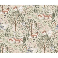 an animal themed wallpaper with trees and flowers