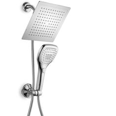 an overhead shower head with thermostaer and hand held showerhead in chrome