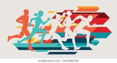 three running people in the sun with colorful lines behind them and an orange, blue, red