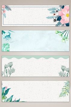 three watercolor banners with flowers and leaves on the bottom one is blue, the other is green