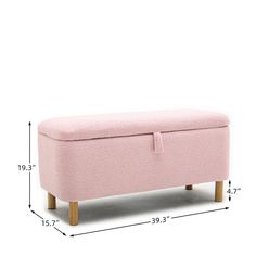 a pink bench with measurements for the foot rest and storage compartment on top of it