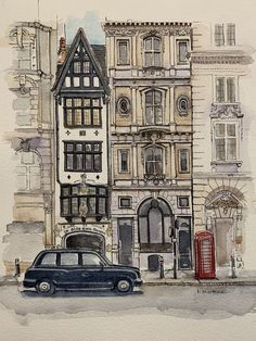 a watercolor painting of a car parked in front of a building with a phone booth on the corner