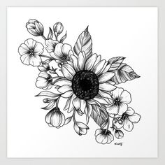 a black and white drawing of a sunflower with lots of flowers on it's petals