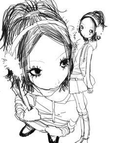 a black and white drawing of a girl with her head tilted to the side next to another person