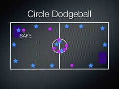 a soccer field with stars on it and the words circle dodgeball safe in purple