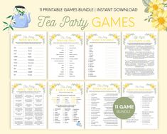 the printable tea party game is shown with yellow flowers and green leaves on it