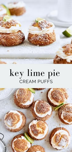 several small pastries are on a white tray with the words key lime pie cream puffs