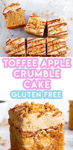 there is a cake that has been cut into pieces and the words toffee apple crumble cake gluten free