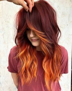 Red Hair With Different Color Bangs, Auburn And Burgundy Hair, Red And Purple Pixie Hair, Color Bangstyle Hair, Copper Fall Hair Color, Fire Hair Color Ideas, Older Punk Women, Natural Red Hair With Black Highlights, Dark Red Hair With Orange Highlights