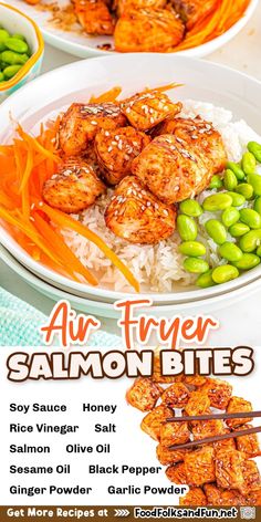 an advertisement for air fryer salmon bites with rice, peas and carrots on the side