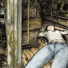 a drawing of a person laying down on a wooden floor in front of a door