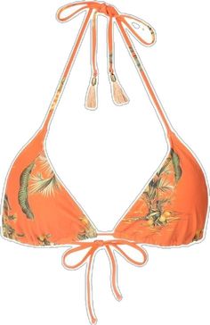 Tropical Triangle Halter Top For Sunbathing, Orange Halter Neck Top For Beach, Floral Print Triangle Halter Top For Beach Season, Triangle Halter Top With Tropical Print For Poolside, Tropical Print Triangle Halter Top For Beachwear, Summer Floral Print Halter Top For Poolside, Tropical Print Triangle Halter Top For Poolside, Poolside Tropical Print Triangle Halter Top, Poolside Triangle Halter Top With Tropical Print