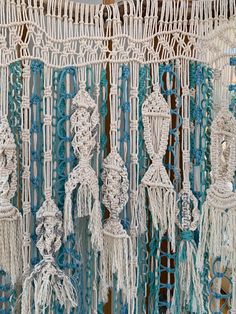 macrame hangings are made from yarn and crocheted with beading