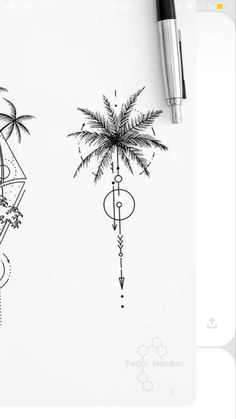 two palm trees on top of a white paper next to a pen and ink drawing