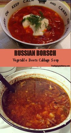 russian borsch vegetable and beef cabbage soup is shown in two different bowls, one with