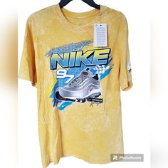 Nike Yellow Sportswear Racing Graphic Shirt With Space Dye Effect. New With Tags *Bundle Any Two Or More And Save! Nike 97, Nike West, Nike Running Shirt, Nfl T Shirts, Nike Yellow, Dri Fit Shirt, Yellow T Shirt, Running Shirts, Team Apparel