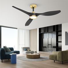 a living room with a ceiling fan in the middle of it's centerpiece