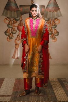 Orange Keseri Kurta Set by House Of Masaba, available on Indiaspopup.com Patchwork Dupatta, Raw Silk Embroidery, Contrast Dupatta, Embroidered Salwar, Thread Beads, Salwar Pattern, Embroidered Border, Women Kurta, Straight Kurta