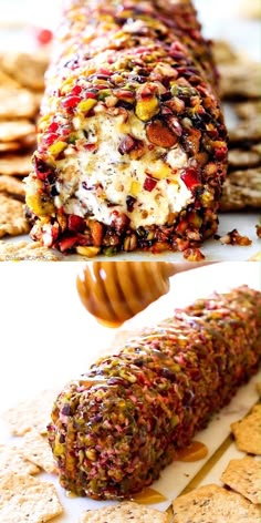 an assortment of crackers and cheeses on a table