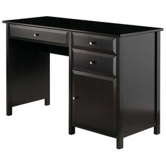 a black desk with two drawers and one drawer on the bottom, in front of a white background