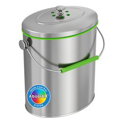 a stainless steel trash can with a green lid and handle on an isolated white background