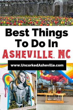 the best things to do in ashville, north carolina with images of flowers and benches