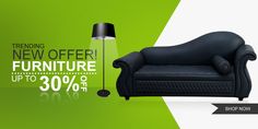 a black leather chair next to a lamp on a green and white background with the words new offer furniture up to 30 % off