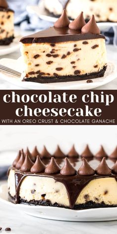 chocolate chip cheesecake with an oreo crust and chocolate ganache on top is shown