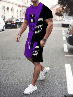 Russoo - Mens Graffiti-Inspired Color Block Demon Smiling Face T-shirt and Shorts Ensemble Casual Graffiti Print T-shirt For Sports, Purple Sports T-shirt For Summer, Summer Sports Purple T-shirt, Purple L, Smiling Face, Graffiti Styles, T Shirt And Shorts, Smile Face, Short Sets