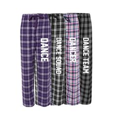 Dance Team - Dancer Plaid Flannel Pajama Pants Our pajama pants come printed with Dance, Dance Team, Dancer or Dance Squad down the leg in white. Select the color and size from the drop down menus. Please include your name telephone number in the notes to seller section on the checkout page in case we have any questions. We will automatically capitalize the first letter of each name. All other letters will be lower case. Suggested conversion from Unisex to Women's Sizing: S 2/6 M 8/10 L 10/12 XL Dance Team Spirit Ideas, Dance Swag Bag Ideas, Purple Cotton Pants For Pajama Party, Drill Team Pictures, Dance Squad, Dance Team Shirts, Dance Team Gifts, Team Ideas, Flannel Pjs