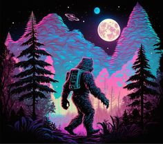 a painting of a bigfoot walking through the woods at night with trees and moon in the background