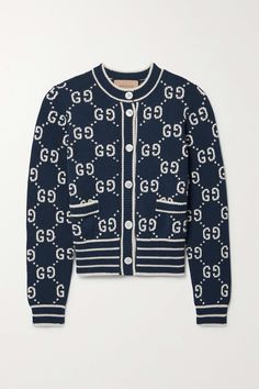 Shop GUCCI Cotton-blend jacquard cardigan, Explore the latest GUCCI women's collection today on NET A PORTER Casual Blue Gucci Sweater, Gucci Blue Casual Sweater, Gucci Luxury Cotton Outerwear, Gucci Casual Blue Sweater, Luxury Gucci Cotton Outerwear, Casual Gucci Sweater For Work, Casual Gucci Cardigan For Work, Classic Gucci Wool Cardigan, Blue Long Sleeve Gucci Sweater