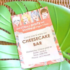 an advertisement for a cheesecake bar on a green chair