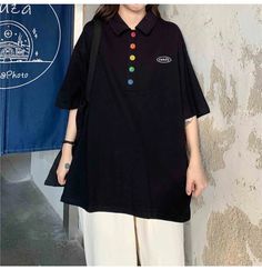 Loose Colorful Button Polo Collar Shirt – Nada Outfit Land Button Collar Shirt, Night Pajama, Estilo Indie, Indie Style, Cute Dress Outfits, Indie Fashion, Collar Shirt, Polo Collar, Shirt Sale