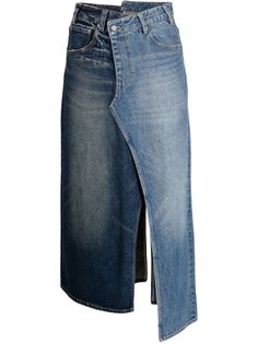 a women's denim skirt with an asymmetrical slit on the side