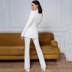 Women Suit Blazer With Belt +Flare Pants Set / Fashionsarah.com Fall Wedding Fitted Pantsuit, Fitted Fall Wedding Pantsuit, Elegant Long-sleeved Slim Fit Sets, Elegant Long Sleeve Slim Fit Set, Elegant Slim Fit Long Sleeve Sets, Elegant Fall Set With High-waisted Pants, Fitted Tuxedo Pants For Fall, Elegant Fitted White Bottoms, Fitted Suits With Trousers For Parties