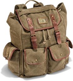 Retro Canvas Backpack | Russell's For Men Retro Brown Backpack For Travel, Retro Khaki Travel Bag, Retro Brown Outdoor Backpack, Retro Canvas Backpack For Travel, Casual Adventure Bags With Multiple Pockets, Khaki Canvas Travel Backpack, Retro Green Backpack For Travel, Vintage Travel Bag With Multiple Pockets, Casual Canvas Hiking Bag