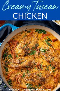 chicken curry in a blue pan with text overlay that says creamy tescaan chicken