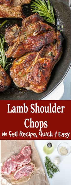 lamb shoulder chops in a skillet with herbs and seasoning on the side