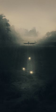 a boat floating on top of a lake surrounded by fog and trees in the distance